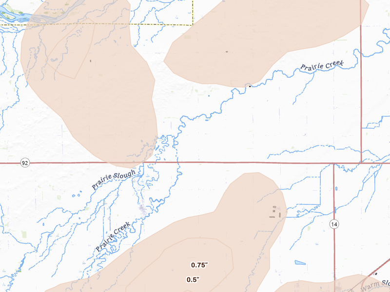 Radar-estimated hail-size map of the storm over Archer, NE on Jun 5, 2026