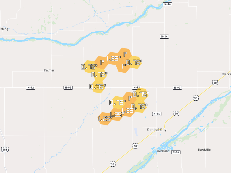 Hail map of Archer, NE on Jun 6, 2026, hail up to 1.25"