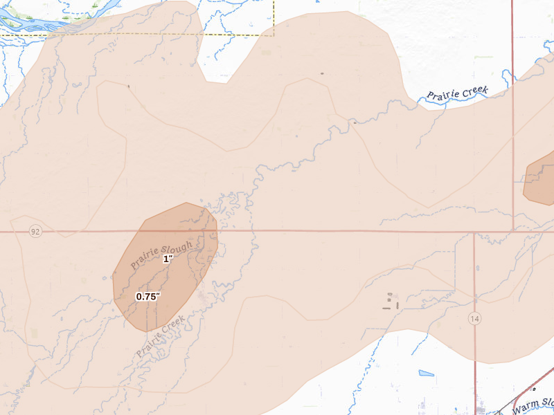 Radar-estimated hail-size map of the storm over Archer, NE on Jun 12, 2026