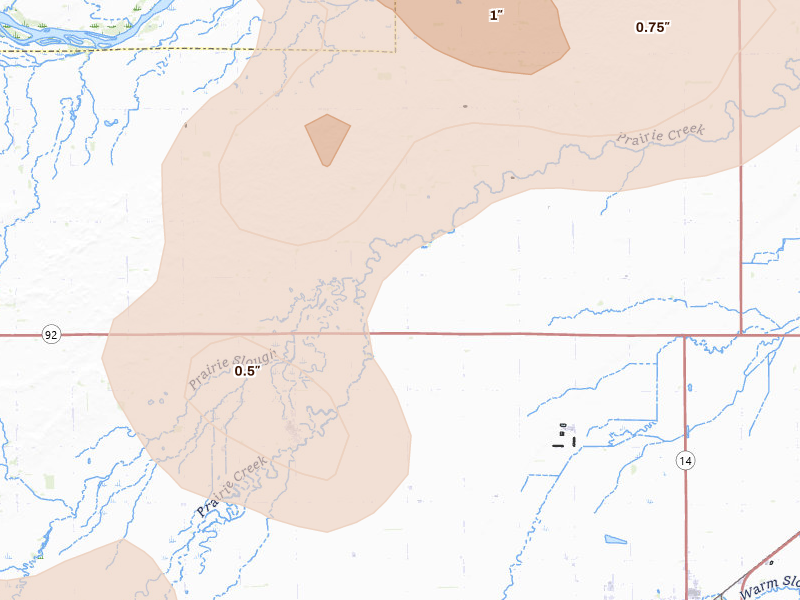 Radar-estimated hail-size map of the storm over Archer, NE on Jul 8, 2026