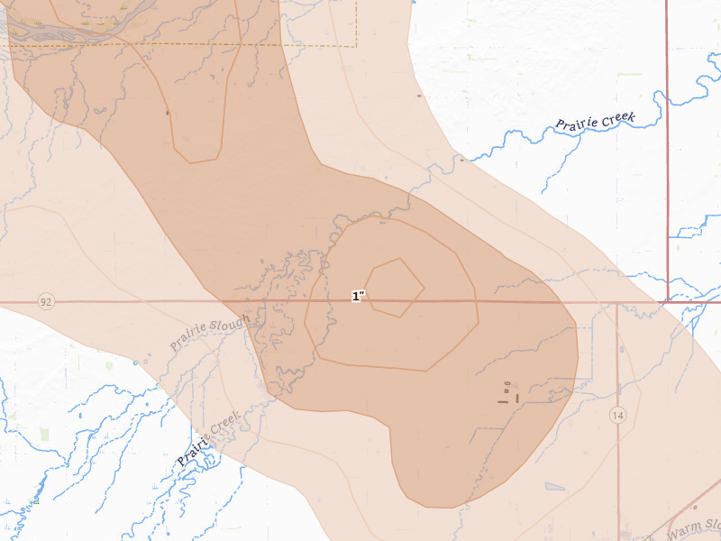 Radar-estimated hail-size map of the storm over Archer, NE on Aug 19, 2026