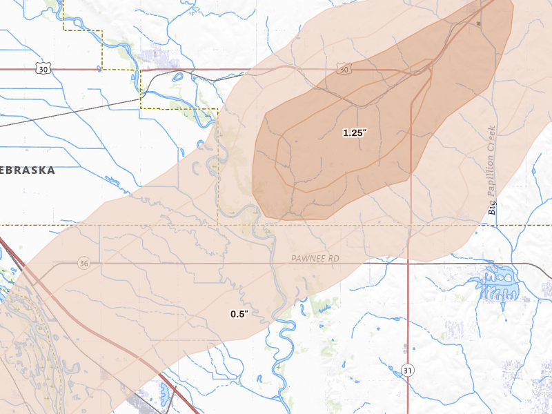 Radar-estimated hail-size map of the storm over Arlington, NE on Apr 23, 2026