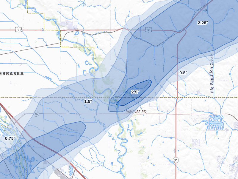 NEXRAD radar-signature map of the hail over Arlington, NE