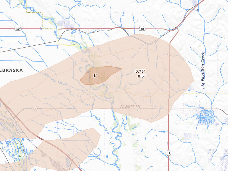 Radar-estimated hail-size map of the storm over Arlington, NE on Jul 3, 2026