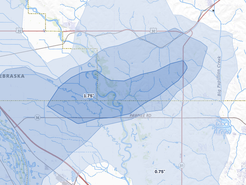 NEXRAD radar-signature map of the hail storm over Arlington, NE on Jul 3, 2026
