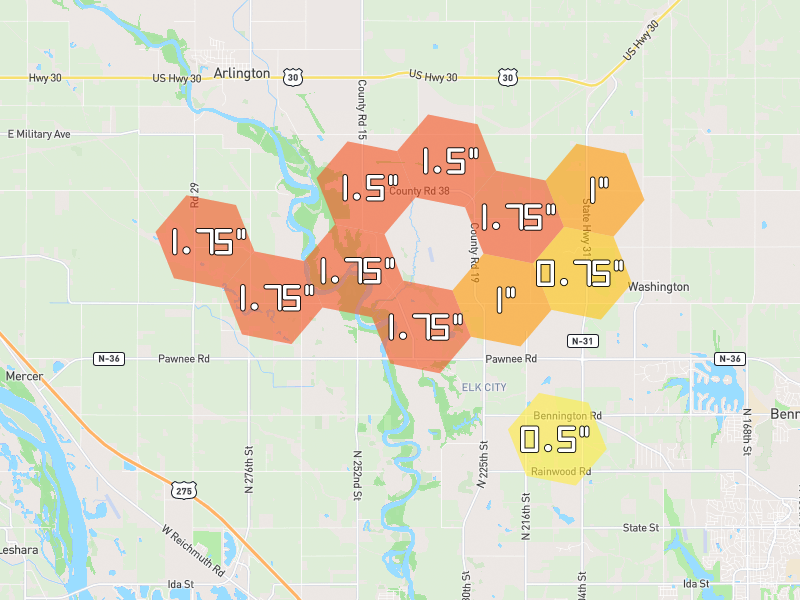 Hail map of Arlington, NE on Jul 3, 2026, hail up to 1.75"