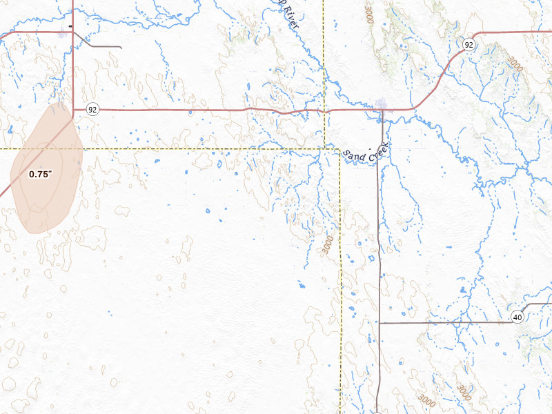 Radar-estimated hail-size map of the storm over Arnold, NE on Jun 1, 2026