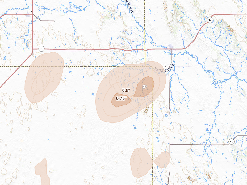 Radar-estimated hail-size map of the storm over Arnold, NE on Jun 8, 2026