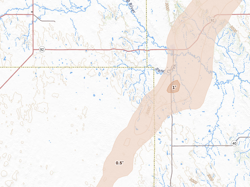 Radar-estimated hail-size map of the storm over Arnold, NE on Jul 2, 2026