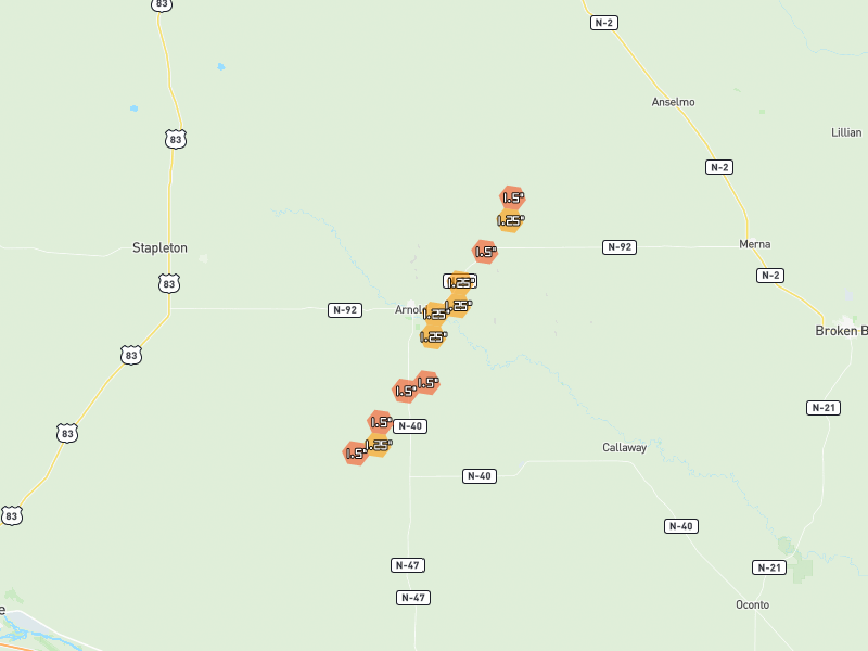 Hail map of Arnold, NE on Jul 3, 2026, hail up to 1.5"