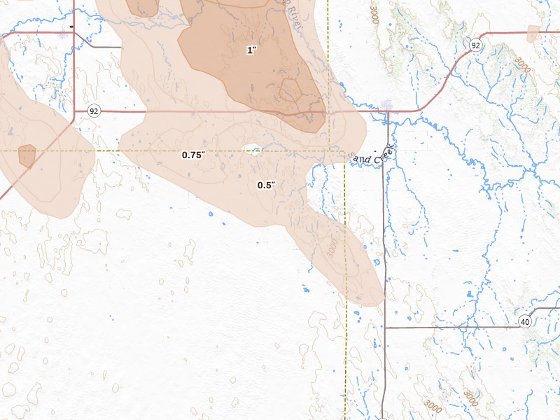 Radar-estimated hail-size map of the storm over Arnold, NE on Jul 4, 2026
