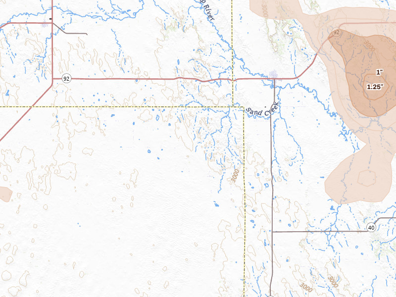 Radar-estimated hail-size map of the storm over Arnold, NE on Jul 27, 2026