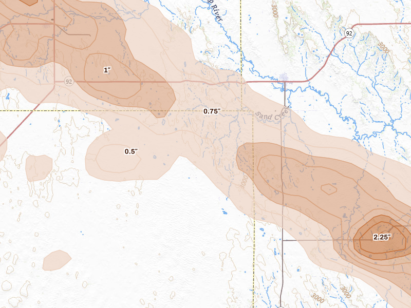 Radar-estimated hail-size map of the storm over Arnold, NE on Jul 30, 2026