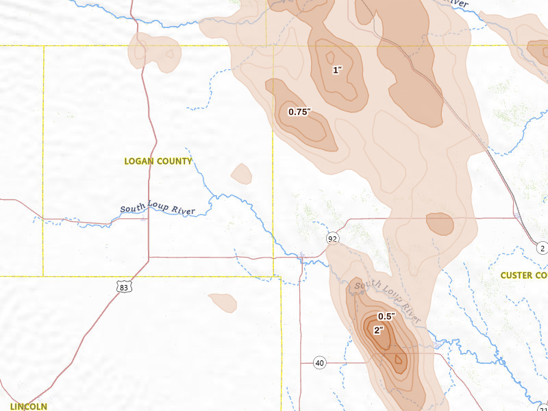 Radar-estimated hail-size map of the storm over Arnold, NE on Aug 20, 2026