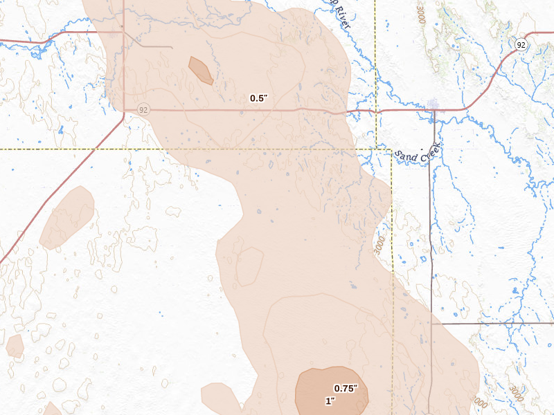 Radar-estimated hail-size map of the storm over Arnold, NE on Aug 27, 2026