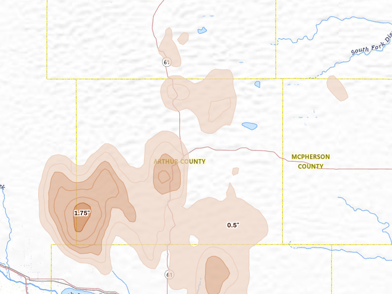 Radar-estimated hail-size map of the storm over Arthur, NE on May 30, 2026