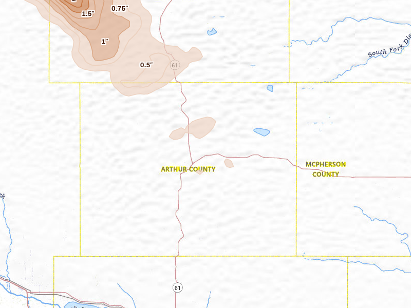 Radar-estimated hail-size map of the storm over Arthur, NE on Jun 22, 2026