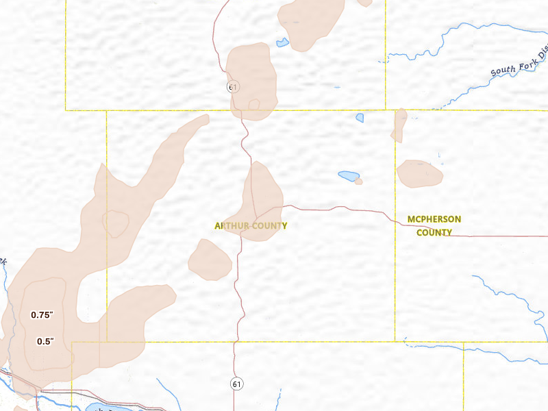 Radar-estimated hail-size map of the storm over Arthur, NE on Jun 30, 2026