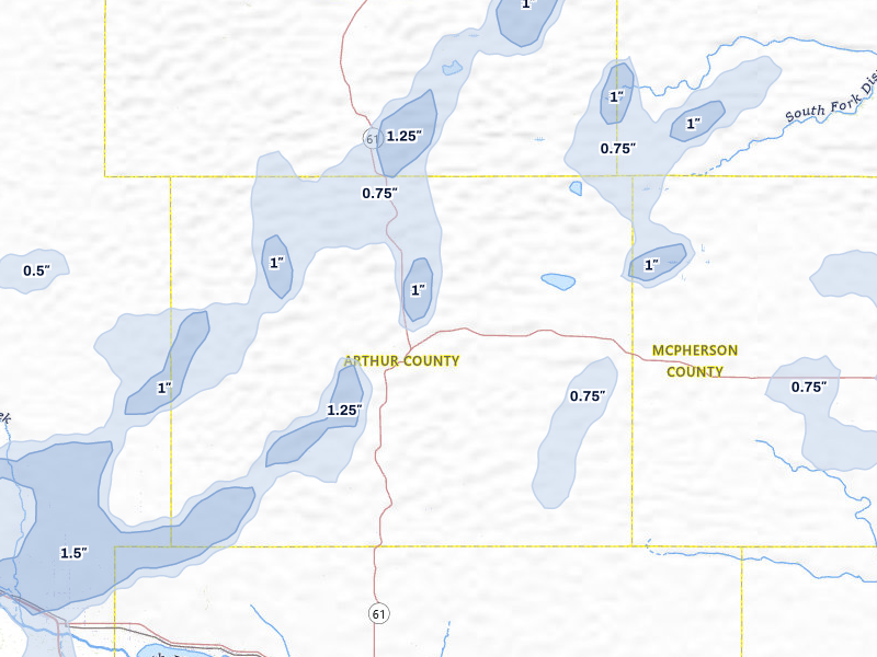 NEXRAD radar-signature map of the hail storm over Arthur, NE on Jun 30, 2026