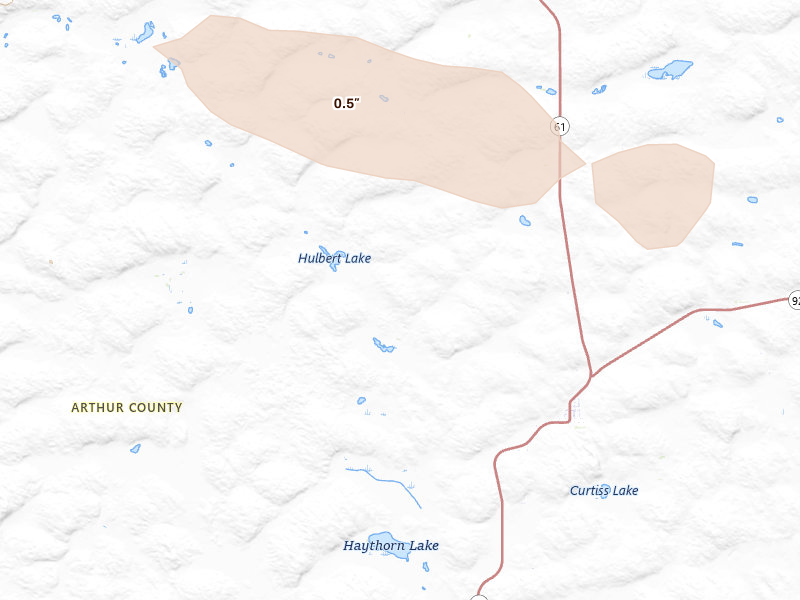Radar-estimated hail-size map of the storm over Arthur, NE on Aug 15, 2026