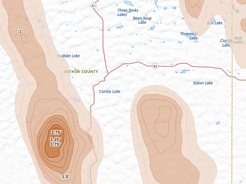 Radar-estimated hail-size map of the storm over Arthur, NE on Aug 27, 2026