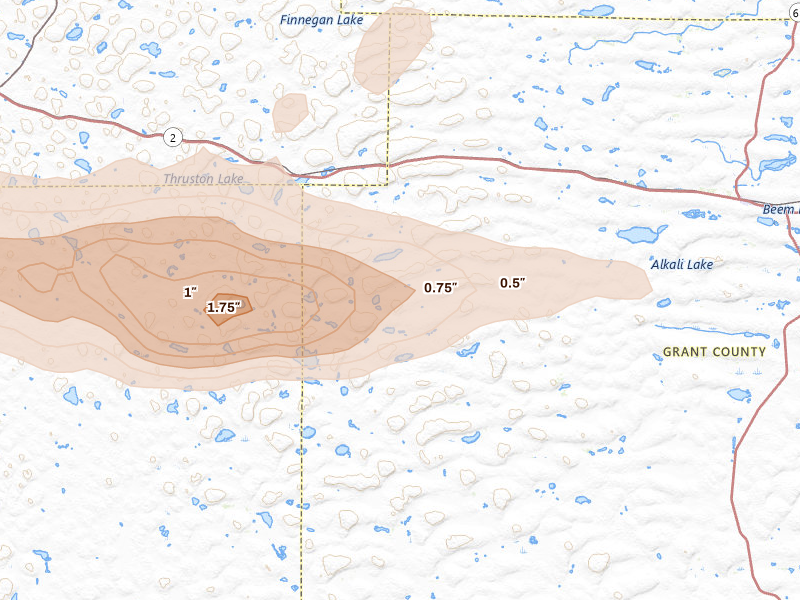 Radar-estimated hail-size map of the storm over Ashby, NE on Jun 20, 2026