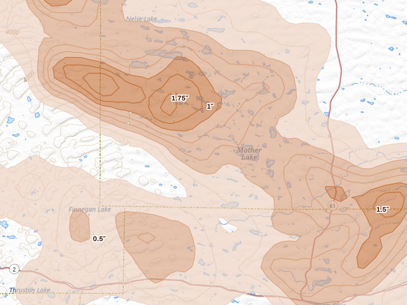 Radar-estimated hail-size map of the storm over Ashby, NE on Jul 3, 2026