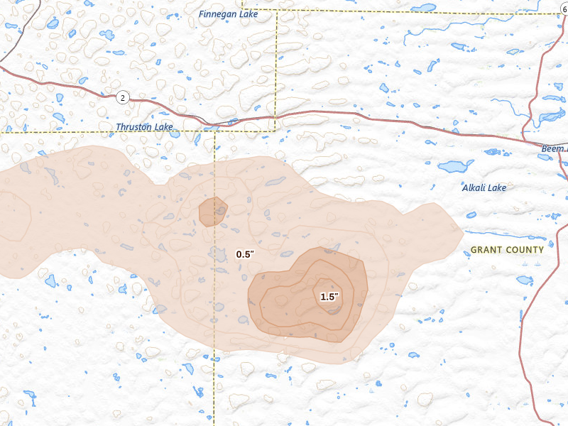 Radar-estimated hail-size map of the storm over Ashby, NE on Aug 24, 2026