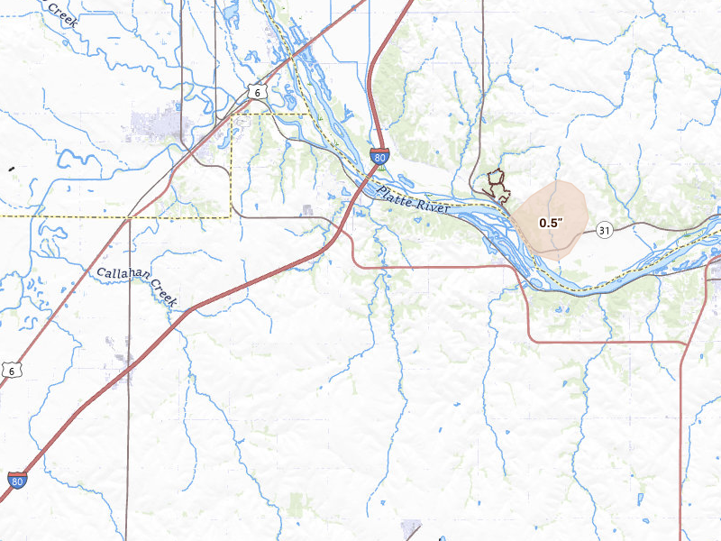 Radar-estimated hail-size map of the storm over Ashland, NE on May 15, 2026