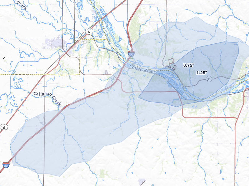 NEXRAD radar-signature map of the hail storm over Ashland, NE on May 15, 2026