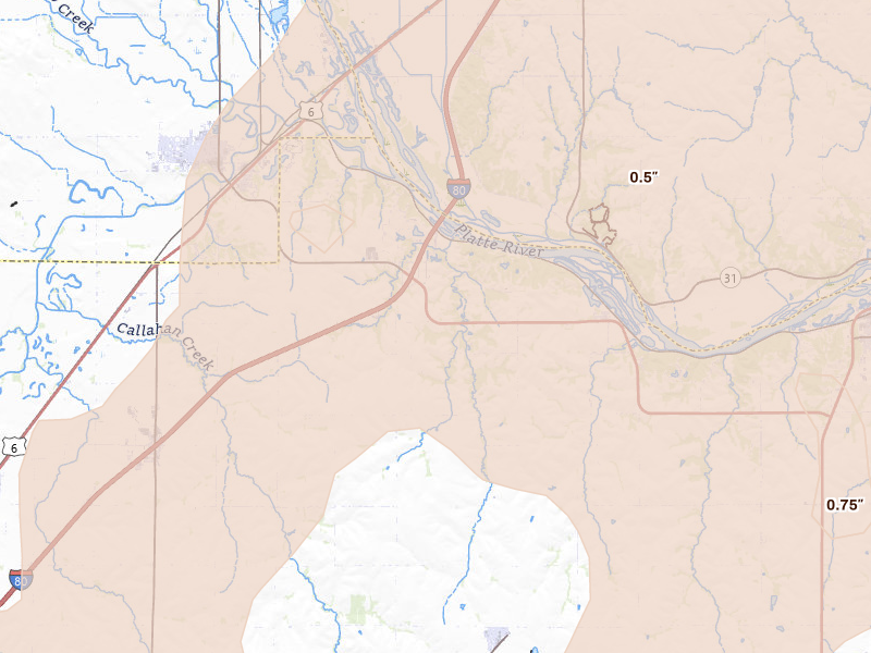 Radar-estimated hail-size map of the storm over Ashland, NE on May 17, 2026