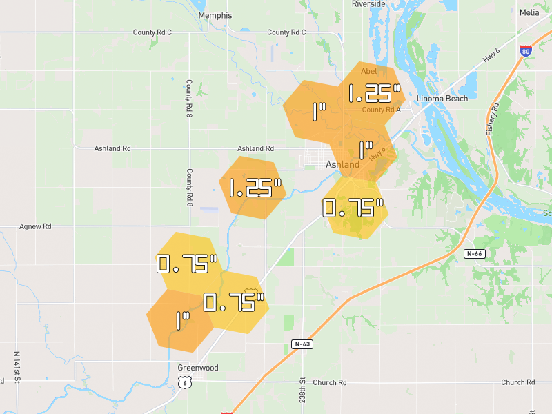 Hail map of Ashland, NE on Jun 6, 2026, hail up to 1.25"