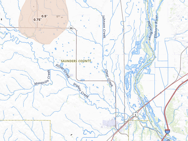 Radar-estimated hail-size map of the storm over Ashland, NE on Jul 1, 2026