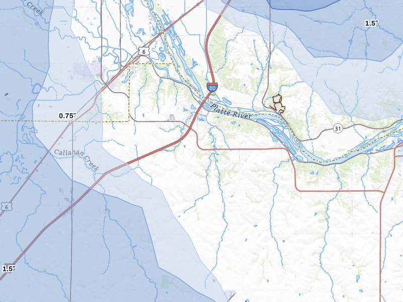 NEXRAD radar-signature map of the hail storm over Ashland, NE on Jul 3, 2026