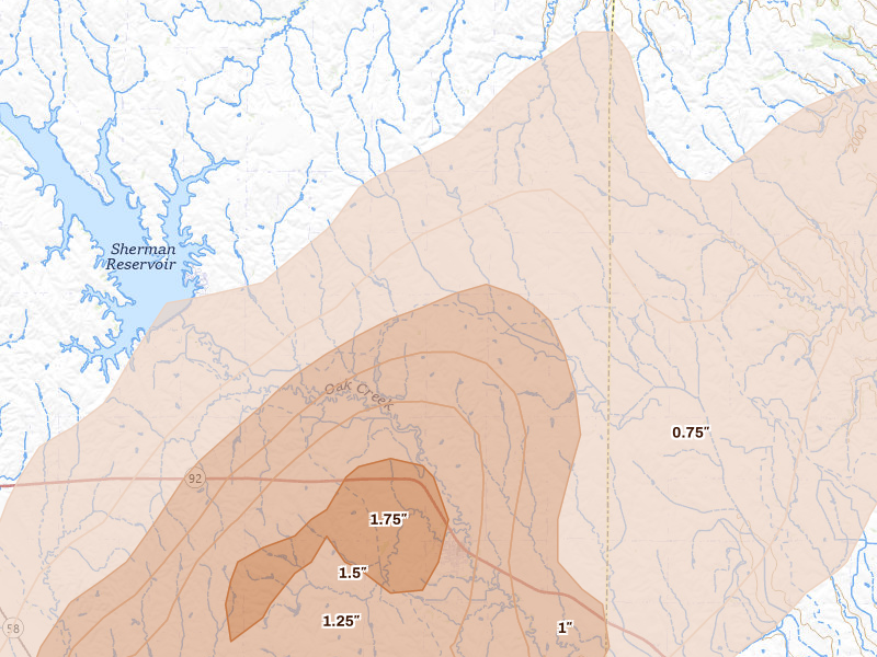 Radar-estimated hail-size map of the storm over Ashton, NE on May 17, 2026