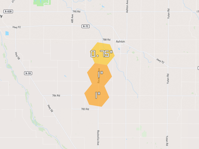 Hail map of Ashton, NE on Jun 2, 2026, hail up to 1"