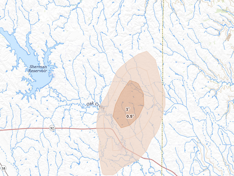Radar-estimated hail-size map of the storm over Ashton, NE on Jun 3, 2026