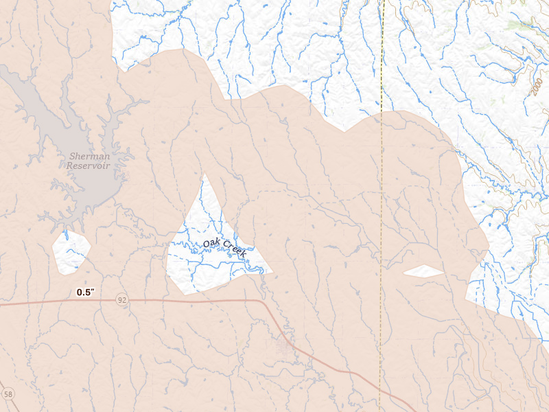 Radar-estimated hail-size map of the storm over Ashton, NE on Jun 20, 2026