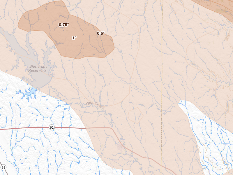 Radar-estimated hail-size map of the storm over Ashton, NE on Aug 17, 2026