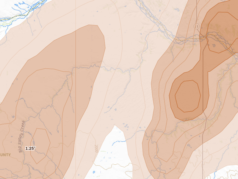 Radar-estimated hail-size map of the storm over Atkinson, NE on May 17, 2026