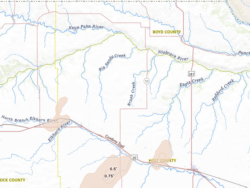 Radar-estimated hail-size map of the storm over Atkinson, NE on May 25, 2026