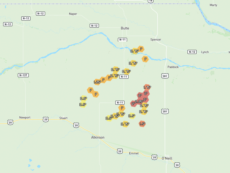 Hail map of Atkinson, NE on Jul 3, 2026, hail up to 2.25"