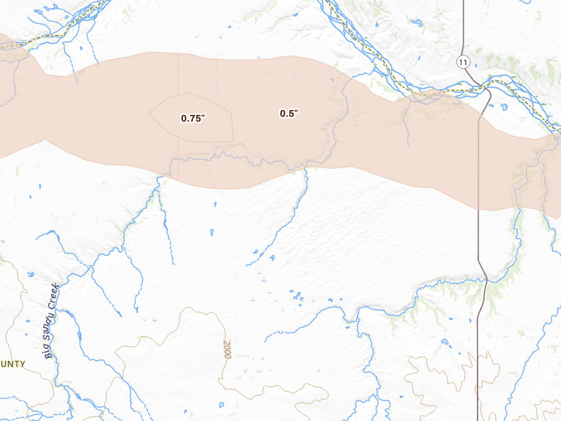 Radar-estimated hail-size map of the storm over Atkinson, NE on Aug 3, 2026