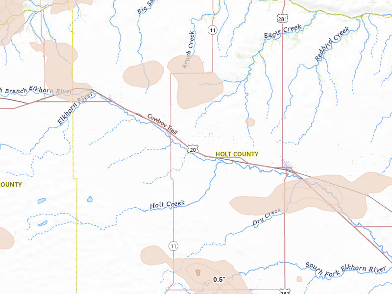 Radar-estimated hail-size map of the storm over Atkinson, NE on Aug 11, 2026