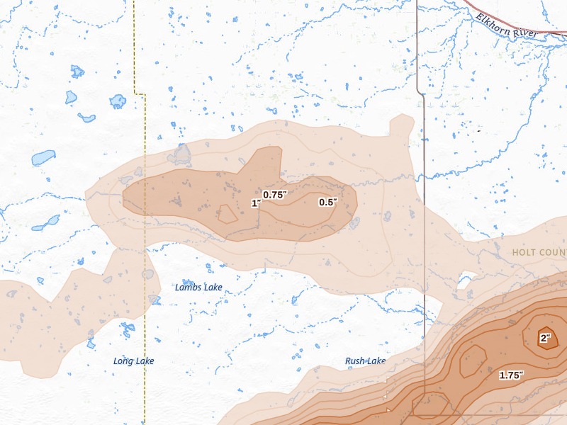 Radar-estimated hail-size map of the storm over Atkinson, NE on Aug 17, 2026
