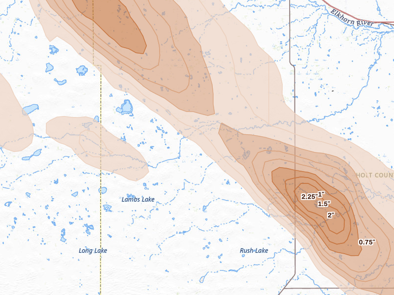 Radar-estimated hail-size map of the storm over Atkinson, NE on Aug 19, 2026