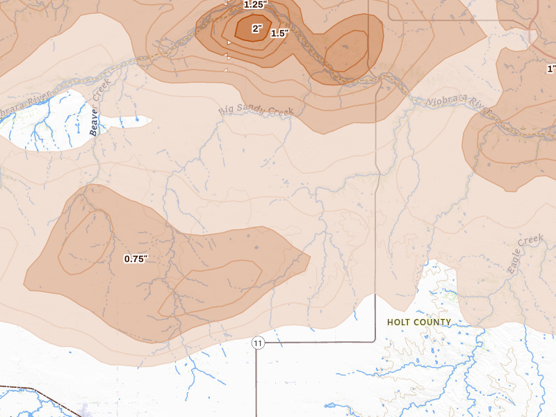 Radar-estimated hail-size map of the storm over Atkinson, NE on Sep 1, 2026