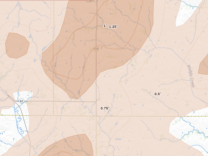 Radar-estimated hail-size map of the storm over Auburn, NE on Apr 23, 2026