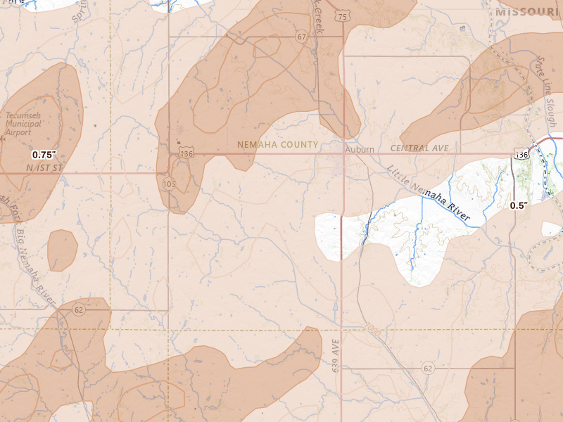 Radar-estimated hail-size map of the storm over Auburn, NE on May 18, 2026