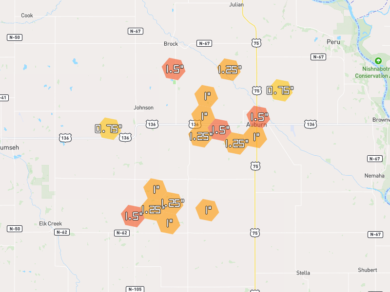 Hail map of Auburn, NE on Jul 4, 2026, hail up to 1.5"
